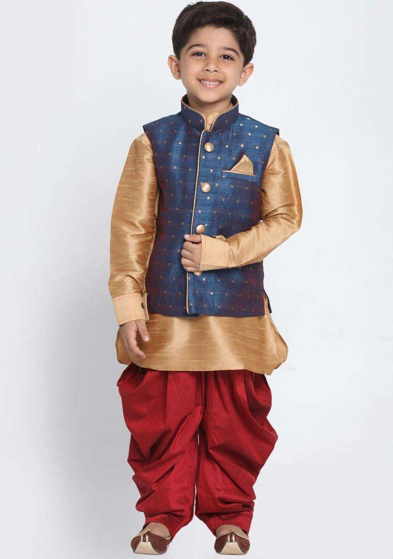 Rose Gold Solid Silk Kurta Set For Boys - Indya