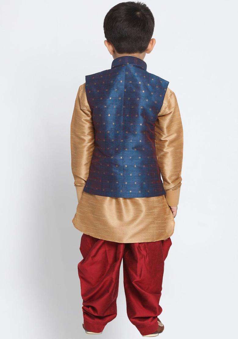 Rose Gold Solid Silk Kurta Set For Boys - Indya