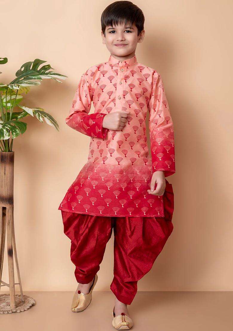 Peach Printed Silk Kurta Set For Boys - Indya