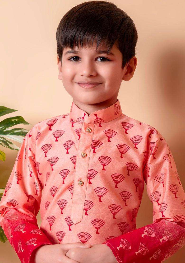 Peach Printed Silk Kurta Set For Boys - Indya