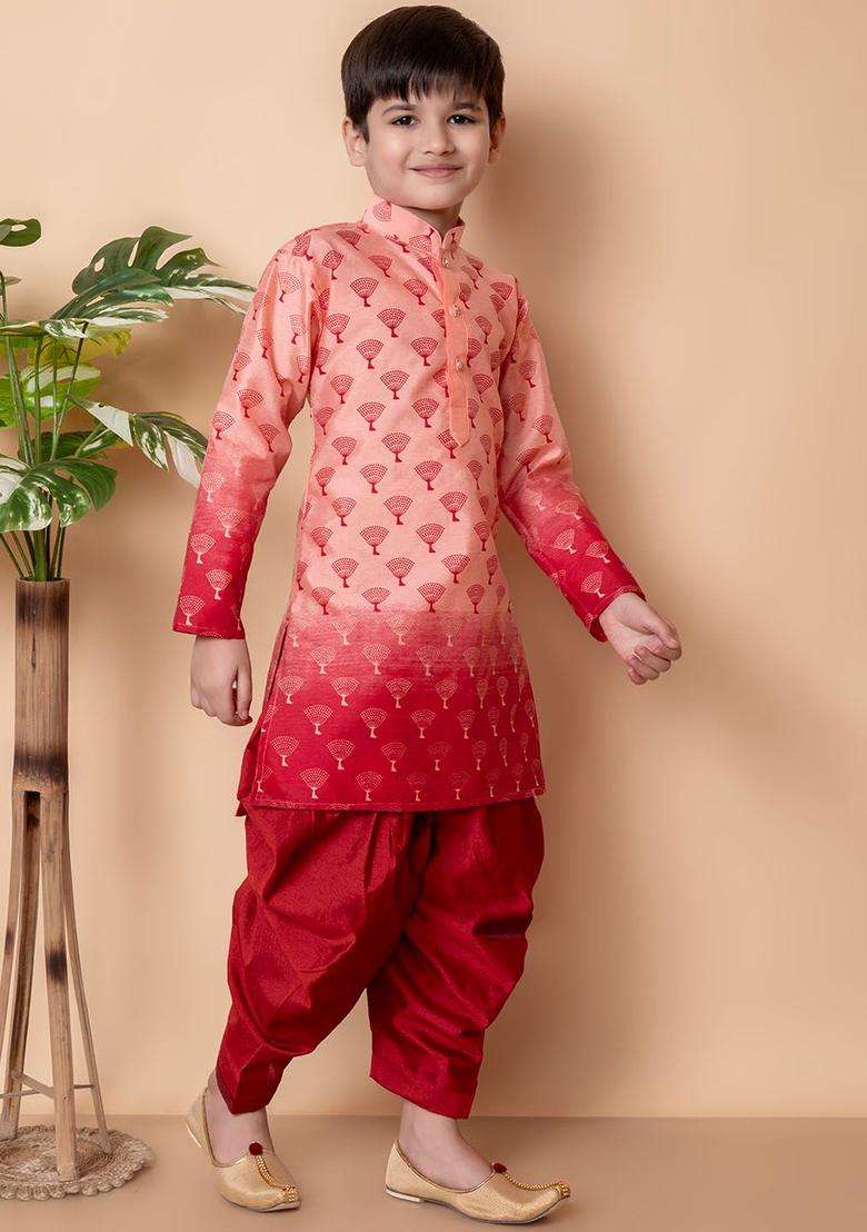 Peach Printed Silk Kurta Set For Boys - Indya