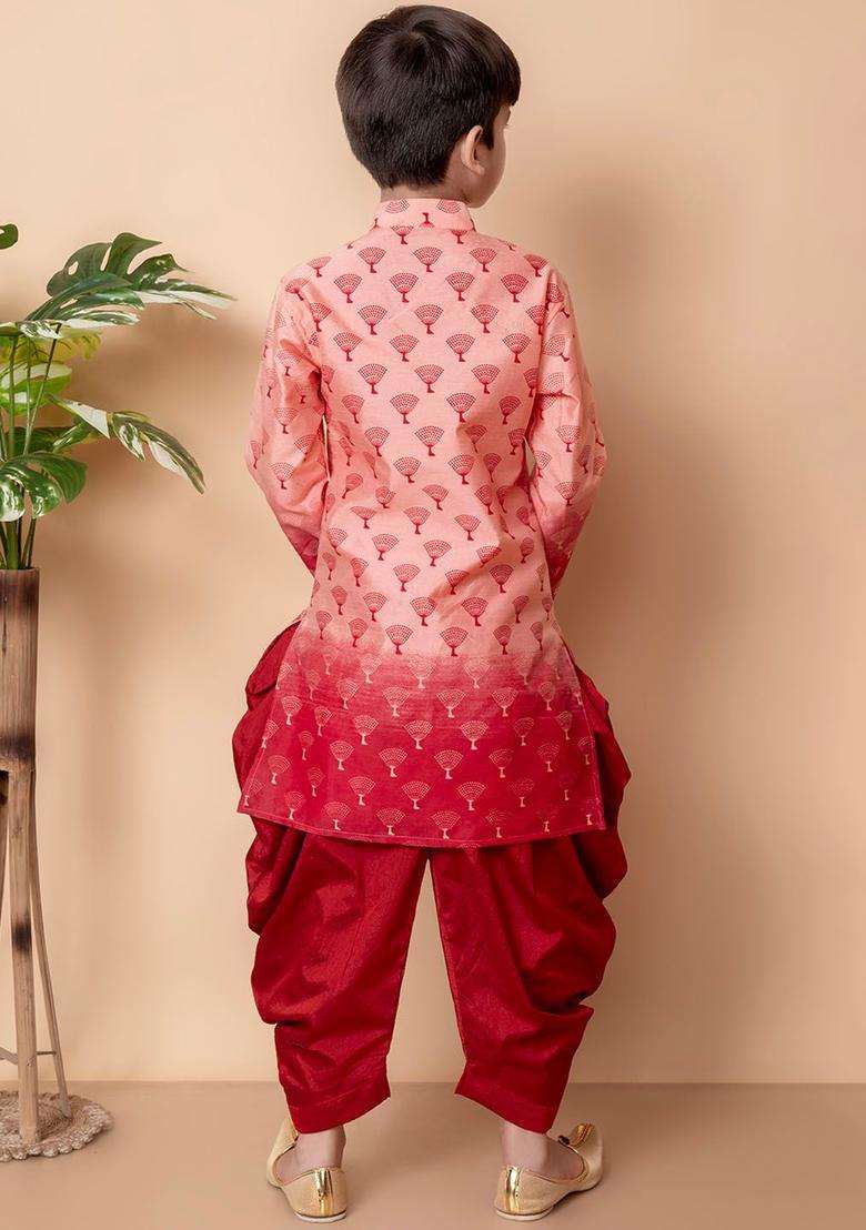 Peach Printed Silk Kurta Set For Boys - Indya