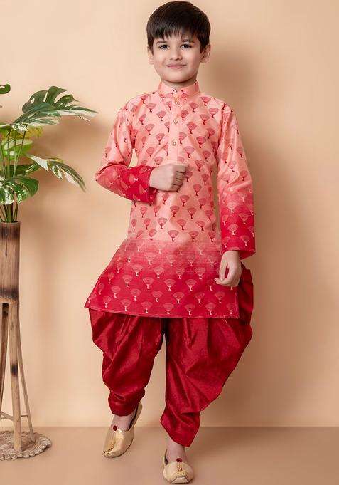Peach Printed Silk Kurta Set For Boys