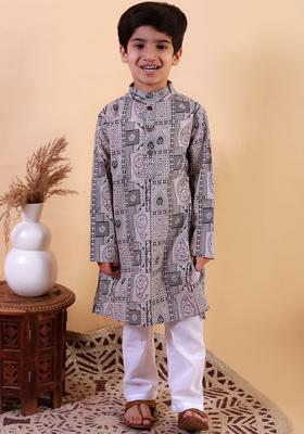 Grey Solid Cotton Kurta Set For Boys