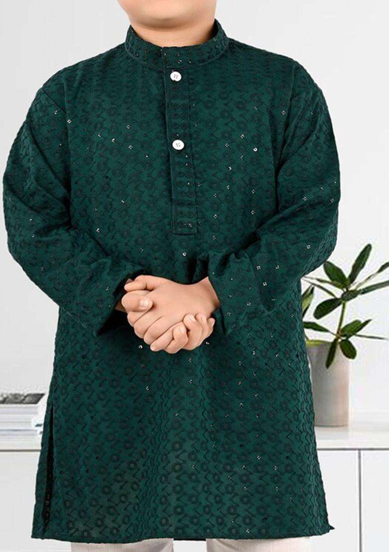 Green Embroidered Silk Kurta Set For Boys - Indya