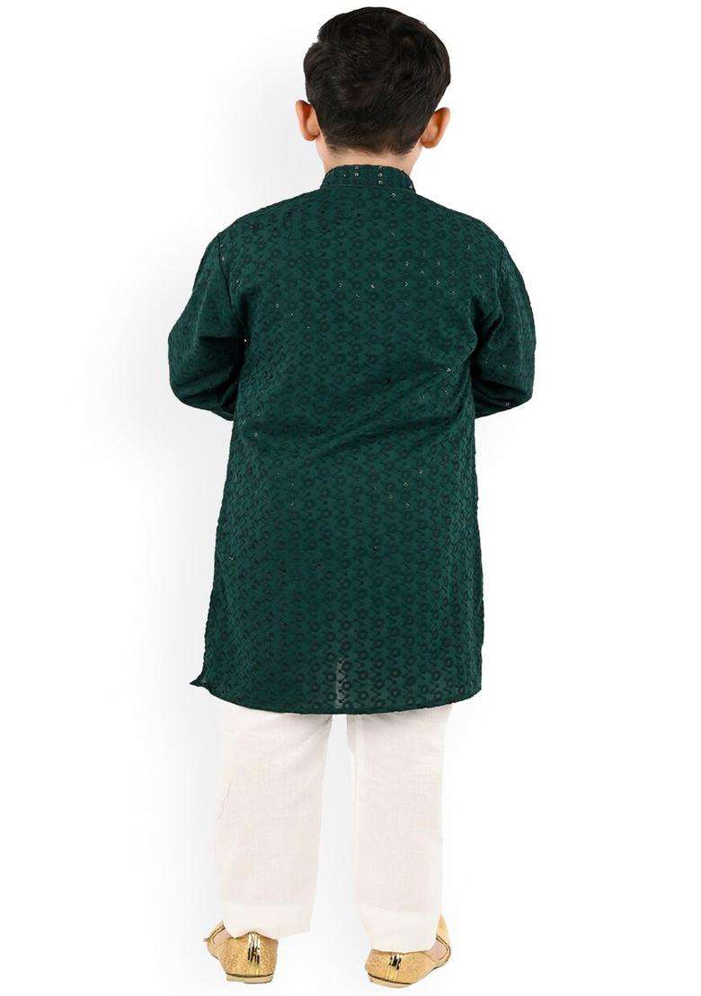 Green Embroidered Silk Kurta Set For Boys - Indya