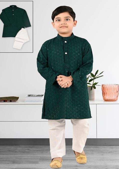 Green Embroidered Silk Kurta Set For Boys