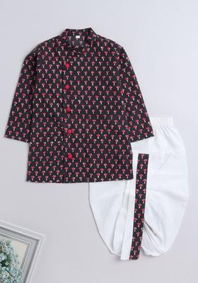 Grey Printed Cotton Kurta Set For Boys