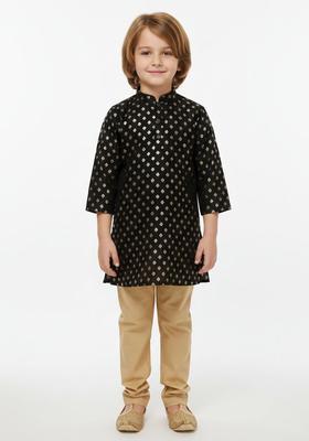 Black Woven Design Silk Kurta Set For Boys