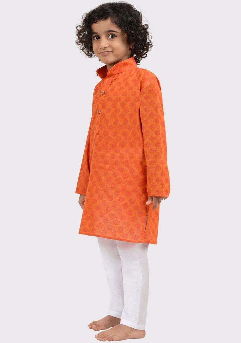 Coral Woven Design Cotton Kurta Set For Boys - Indya