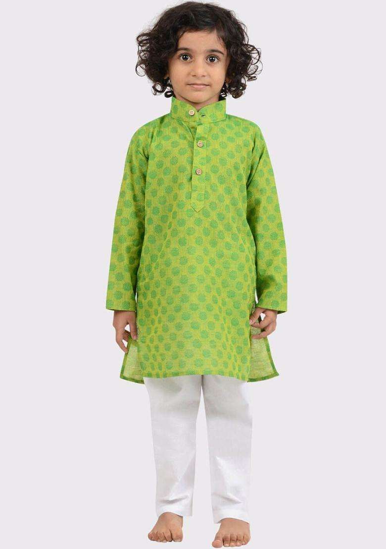 Green Woven Design Cotton Kurta Set For Boys - Indya