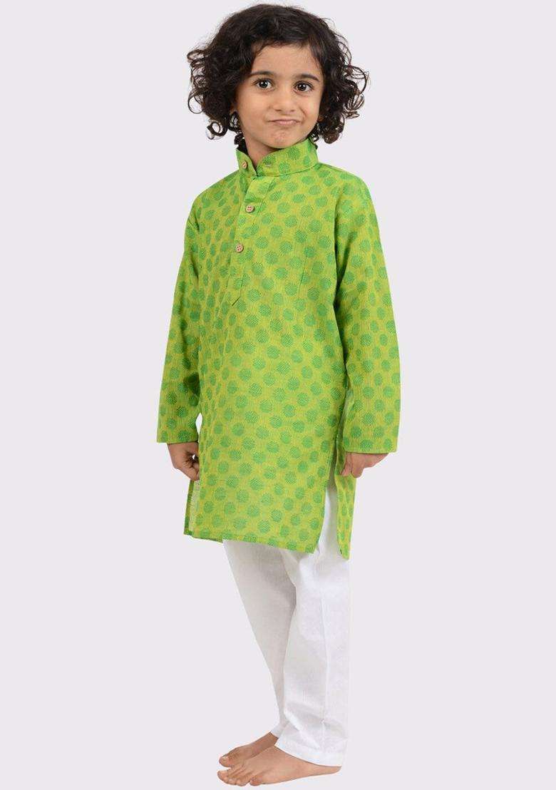 Green Woven Design Cotton Kurta Set For Boys - Indya