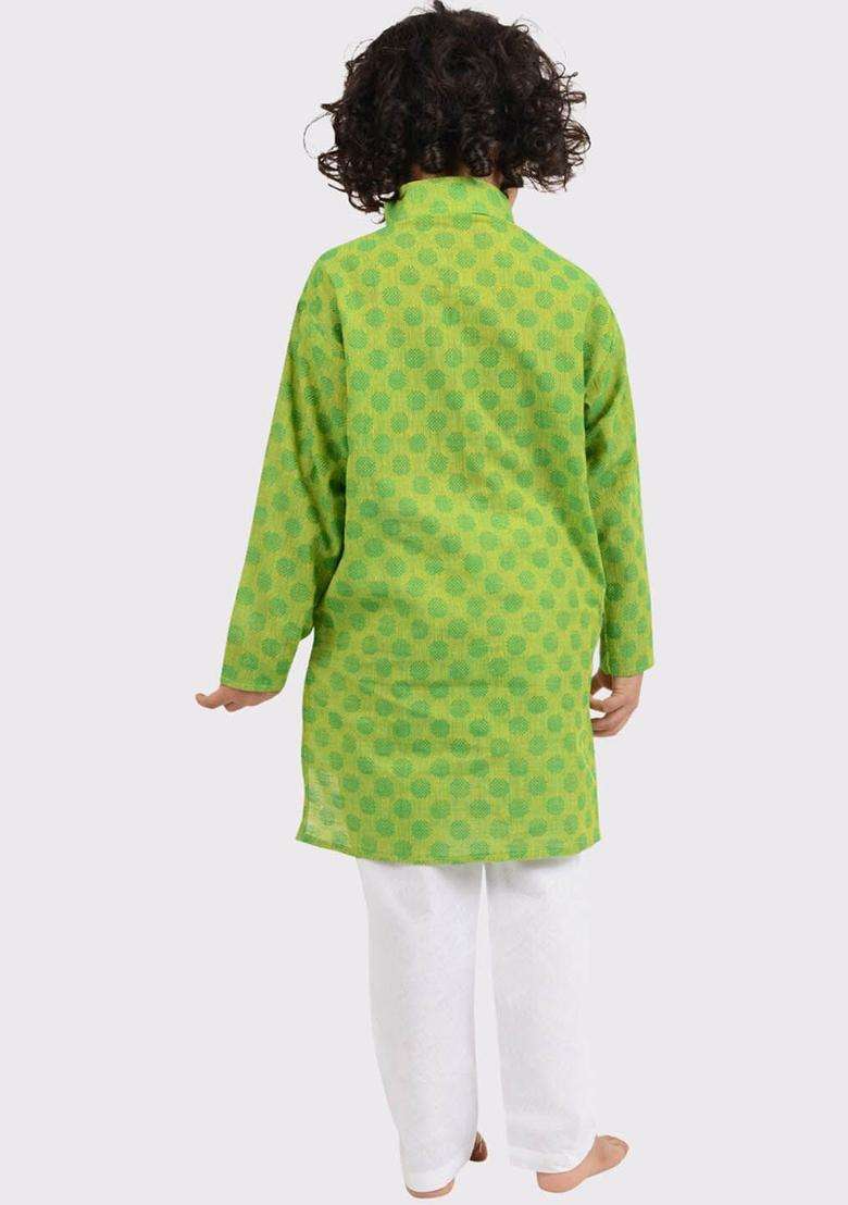 Green Woven Design Cotton Kurta Set For Boys - Indya