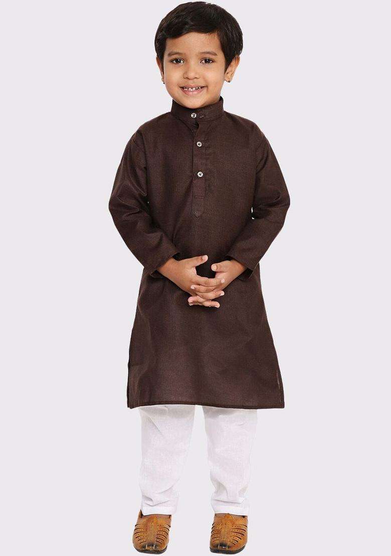 Brown Solid Cotton Kurta Set For Boys - Indya