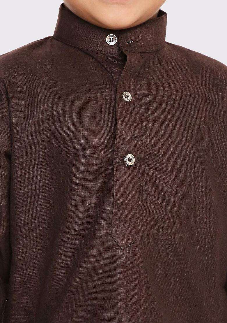 Brown Solid Cotton Kurta Set For Boys - Indya