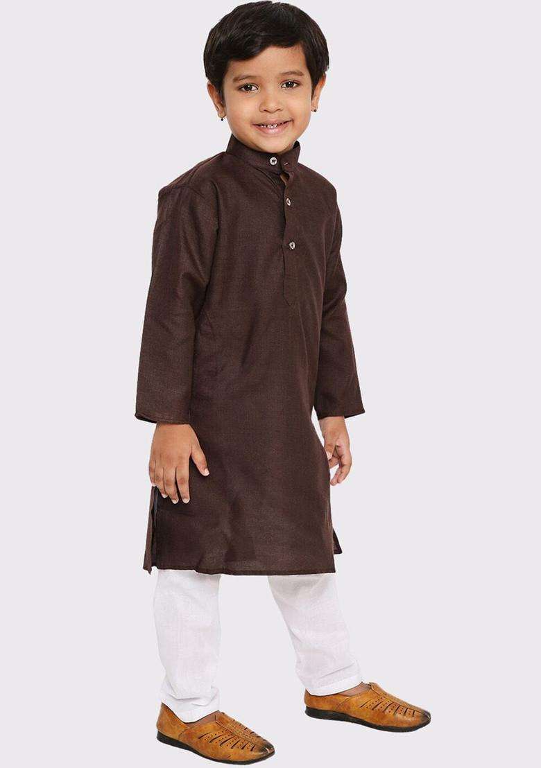 Brown Solid Cotton Kurta Set For Boys - Indya