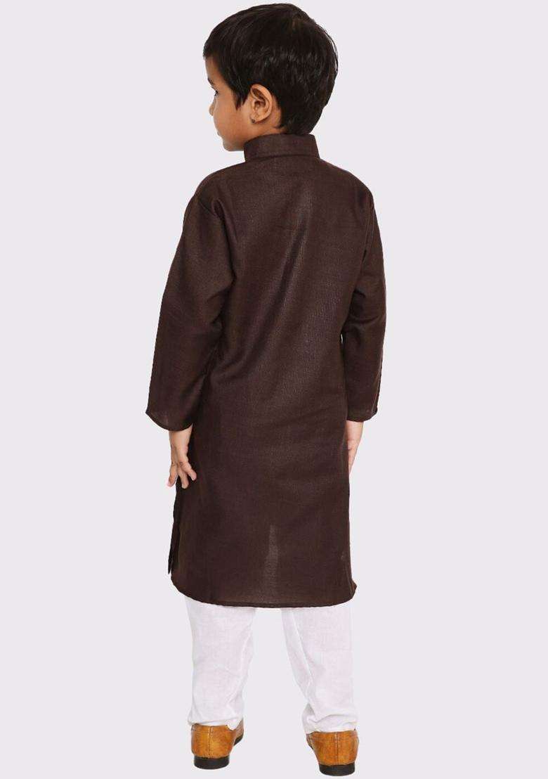Brown Solid Cotton Kurta Set For Boys - Indya