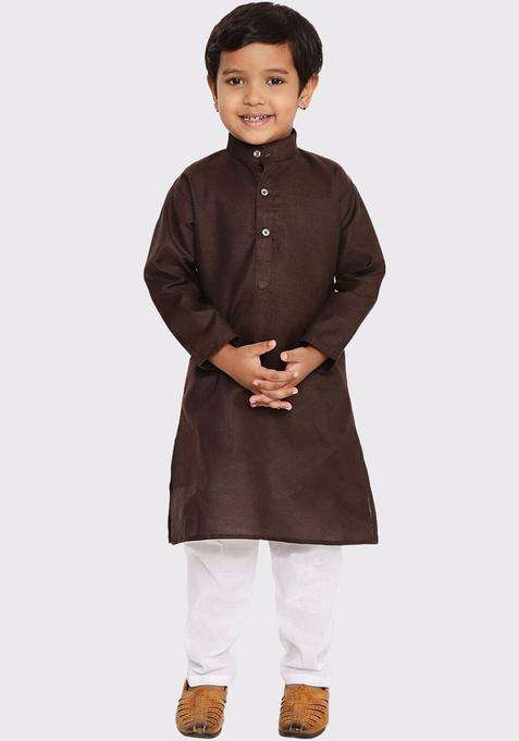 Brown Solid Cotton Kurta Set For Boys
