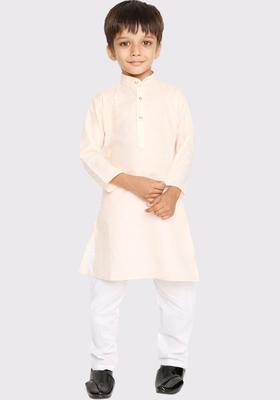 Peach Woven Design Cotton Kurta Set For Boys