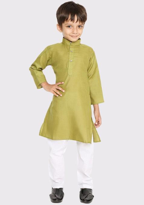 Sea Green Solid Cotton Kurta Set For Boys — view on Indya