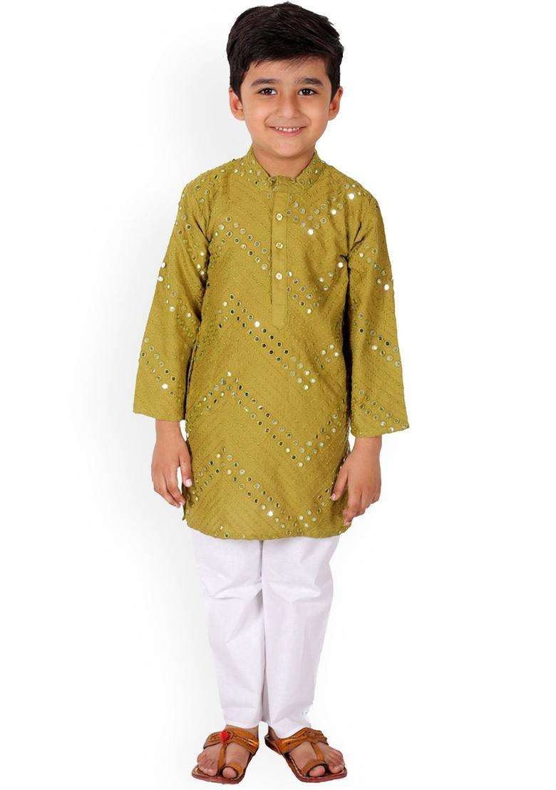 Olive Embroidered Viscose Kurta Set For Boys - Indya