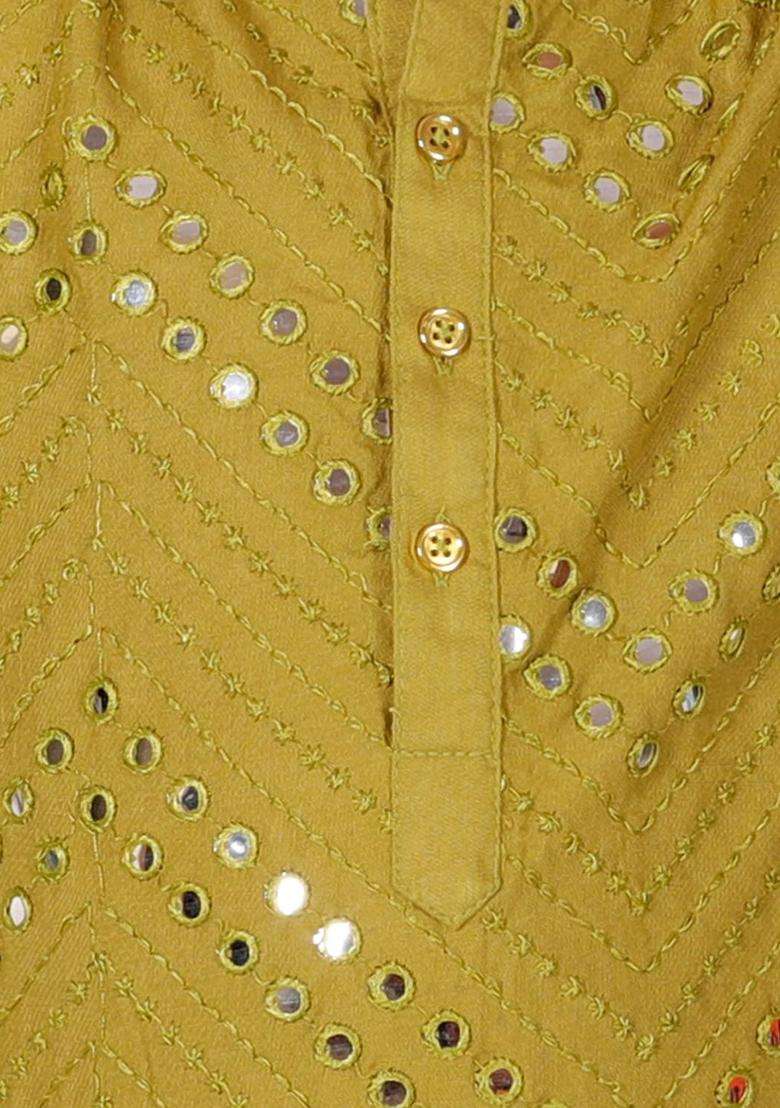 Olive Embroidered Viscose Kurta Set For Boys - Indya