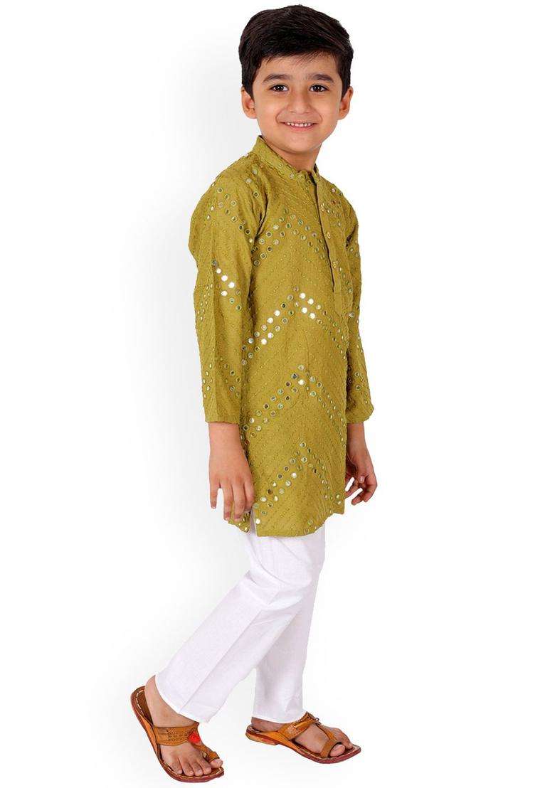 Olive Embroidered Viscose Kurta Set For Boys - Indya