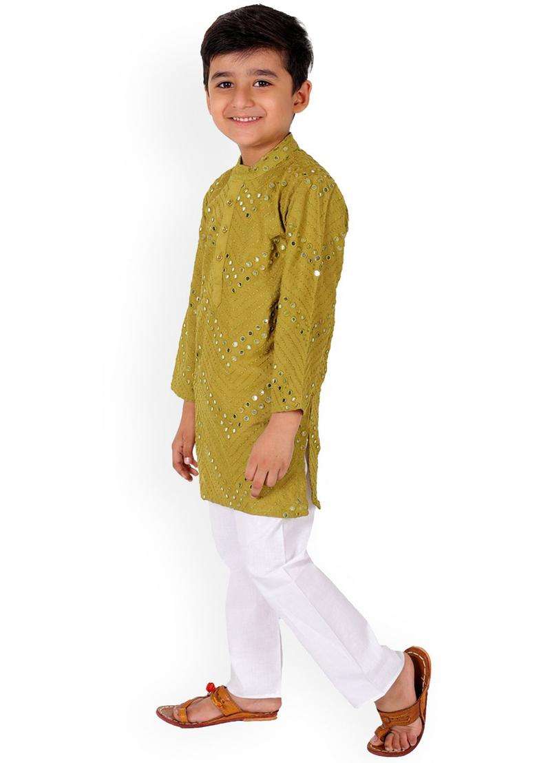 Olive Embroidered Viscose Kurta Set For Boys - Indya