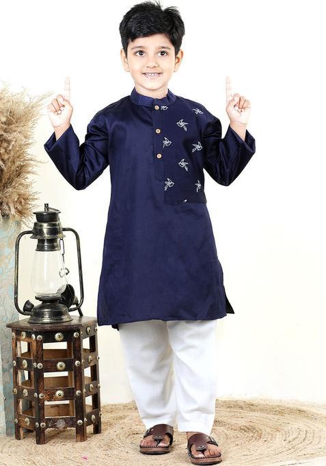 Navy Blue Embroidered Cotton Kurta Set For Boys — view on Indya