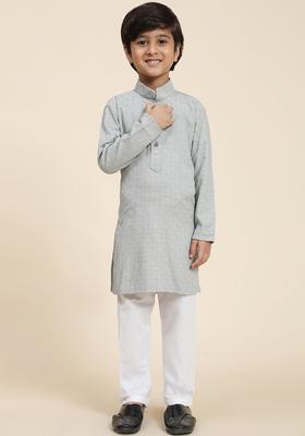 Grey Embroidered Cotton Kurta Set For Boys