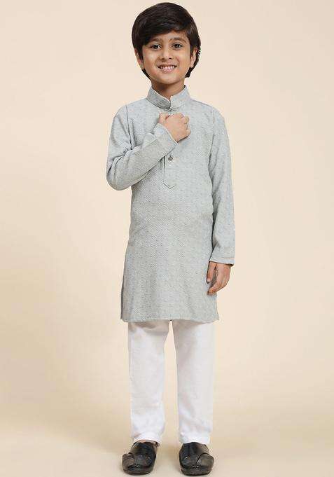 Grey Embroidered Cotton Kurta Set For Boys