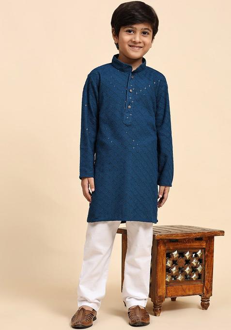 Blue Embroidered Cotton Kurta Set For Boys — view on Indya