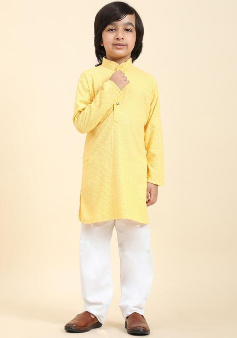 Yellow Embroidered Cotton Kurta Set For Boys — view on Indya