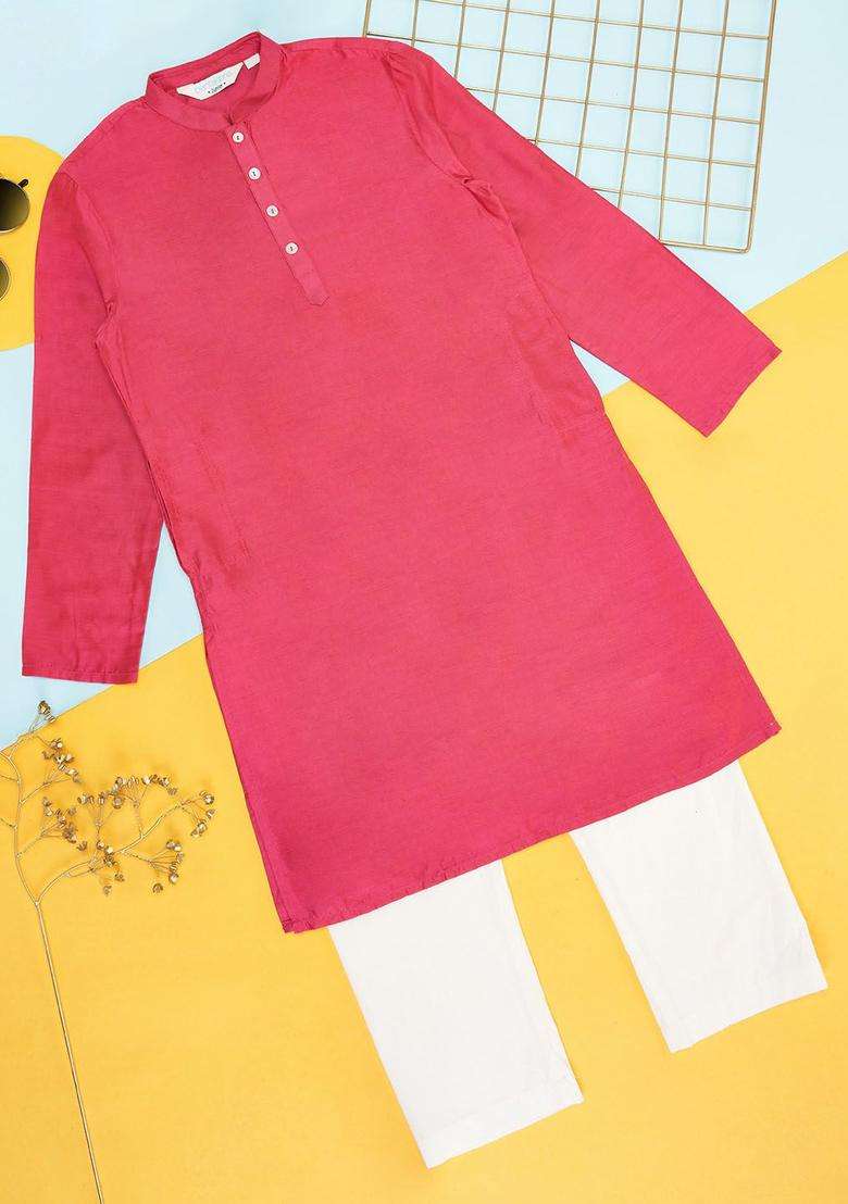 Coral Solid Viscose Kurta Set For Boys - Indya