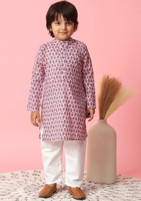 Pink Printed Cotton Kurta Set For Boys — view on Indya