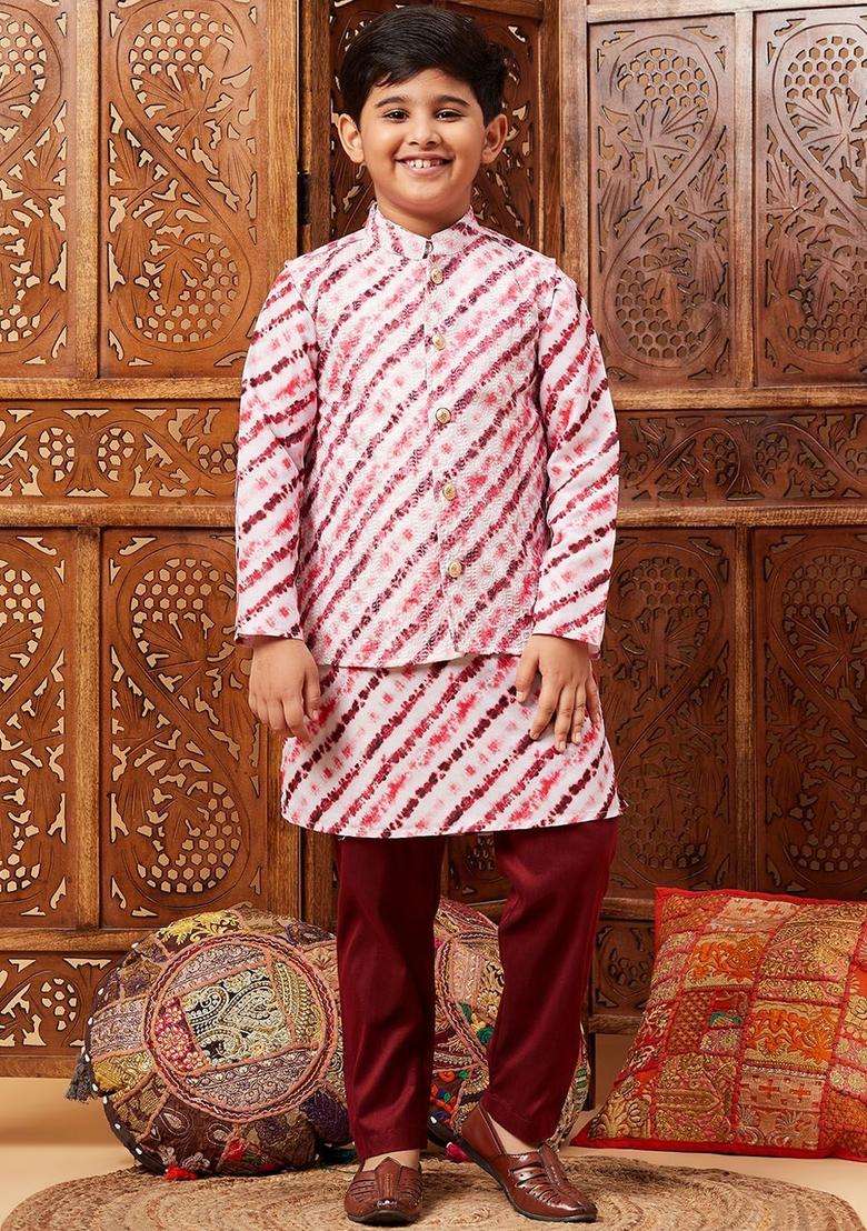 Maroon Striped Silk Kurta Set For Boys - Indya