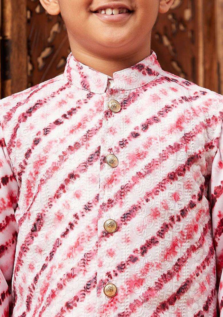 Maroon Striped Silk Kurta Set For Boys - Indya