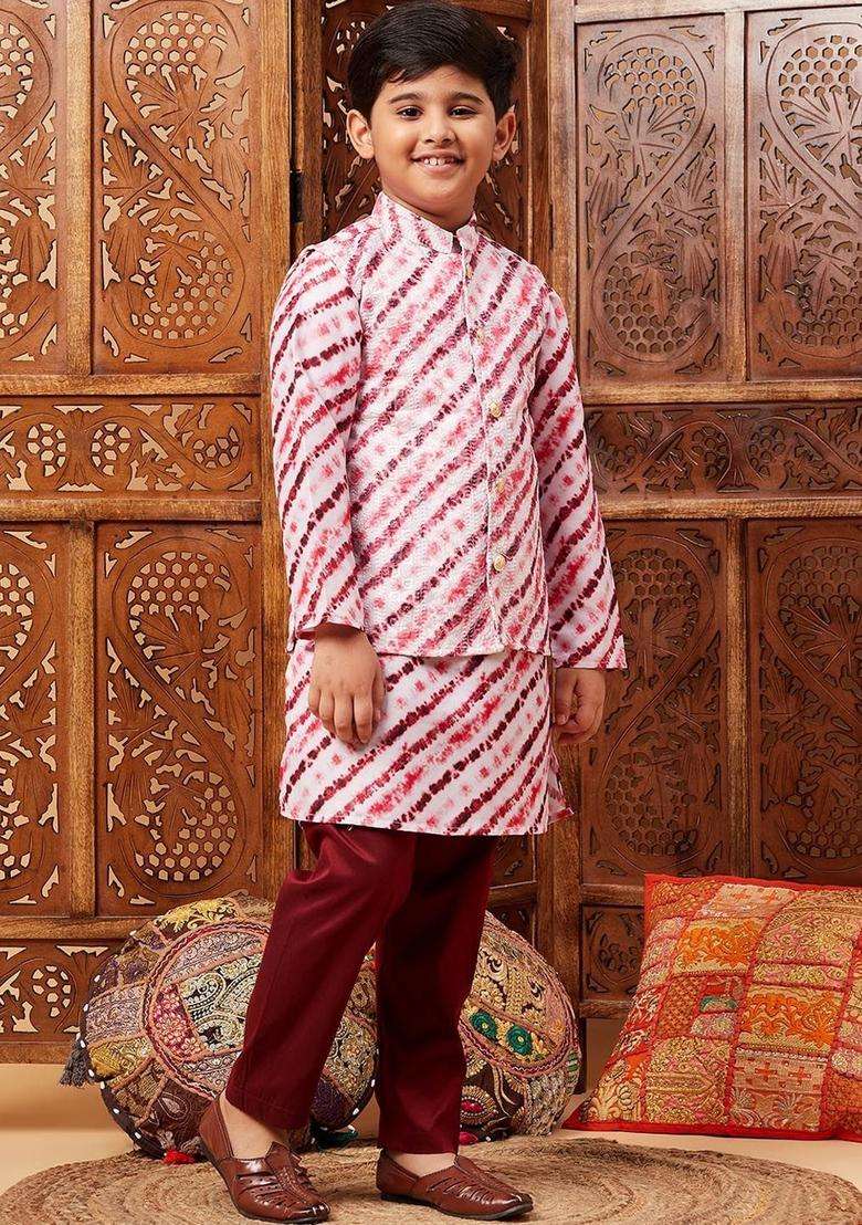 Maroon Striped Silk Kurta Set For Boys - Indya