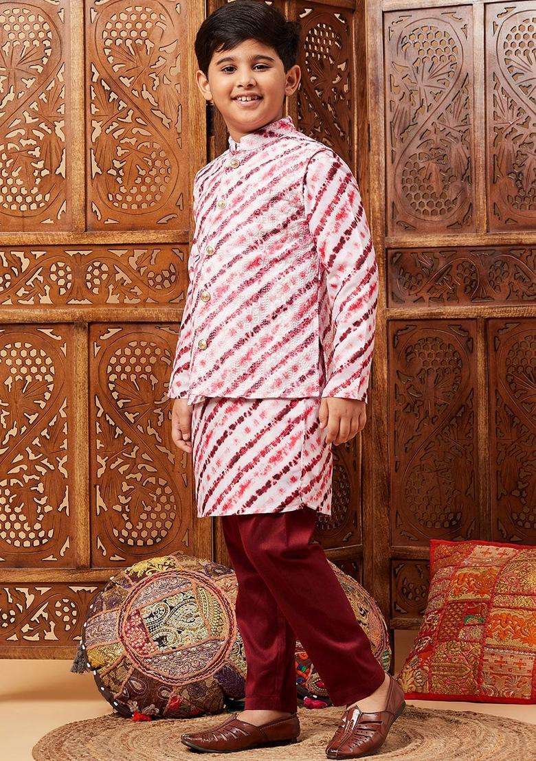 Maroon Striped Silk Kurta Set For Boys - Indya