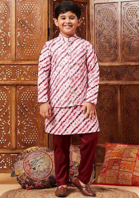 Maroon Striped Silk Kurta Set For Boys