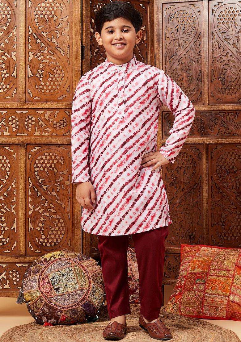 Maroon Striped Silk Kurta Set For Boys - Indya