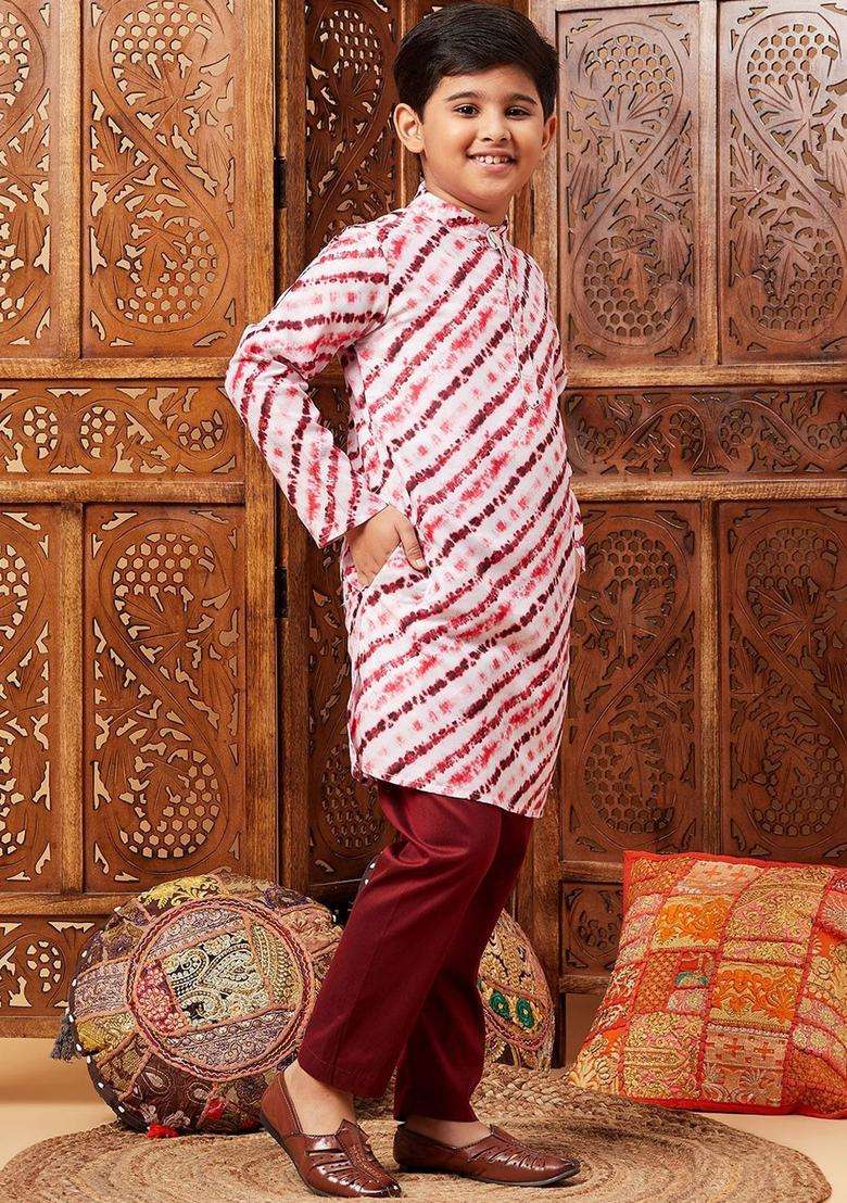 Maroon Striped Silk Kurta Set For Boys - Indya