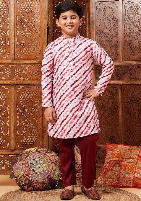 Maroon Striped Silk Kurta Set For Boys