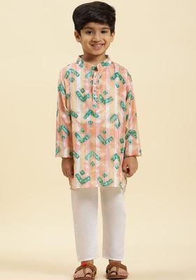 Peach Printed Cotton Kurta Set For Boys