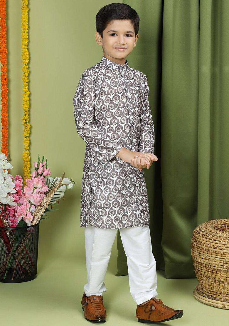 Brown Printed Cotton Kurta Set For Boys - Indya