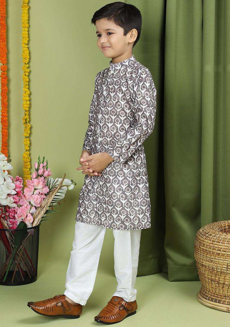 Brown Printed Cotton Kurta Set For Boys - Indya