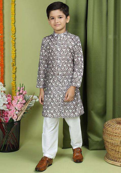 Brown Printed Cotton Kurta Set For Boys