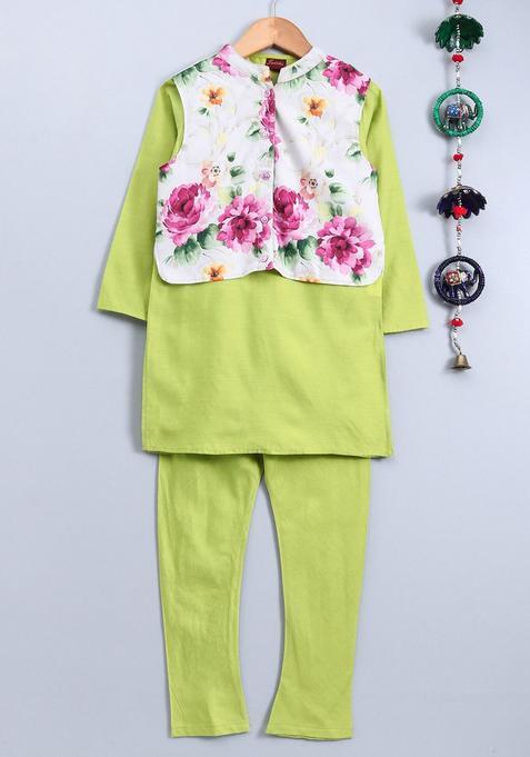 Lime Green Solid Polyester Kurta Set For Boys — view on Indya