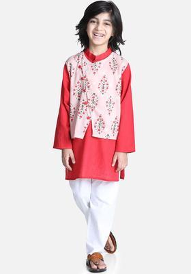 Peach Solid Cotton Kurta Set For Boys