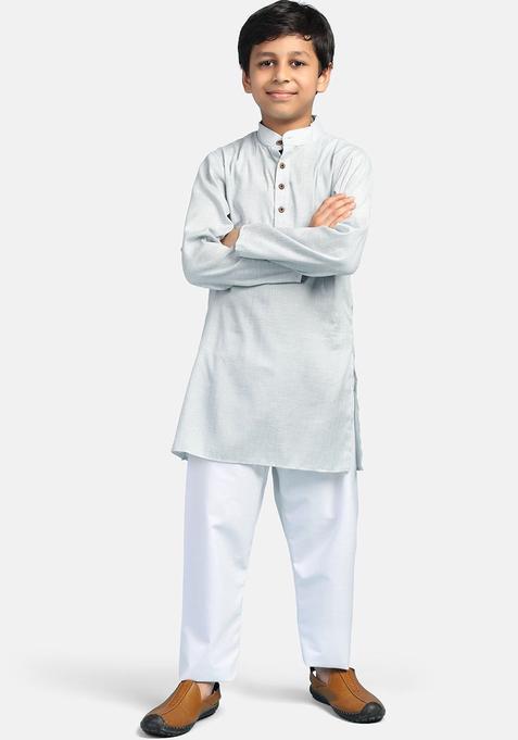 Green Solid Cotton Kurta Set For Boys — view on Indya